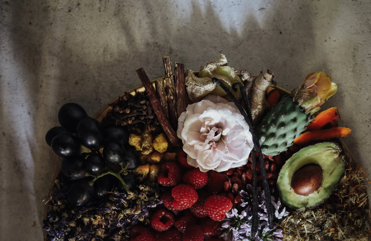 flatlay of grapes, rose and prickly pear